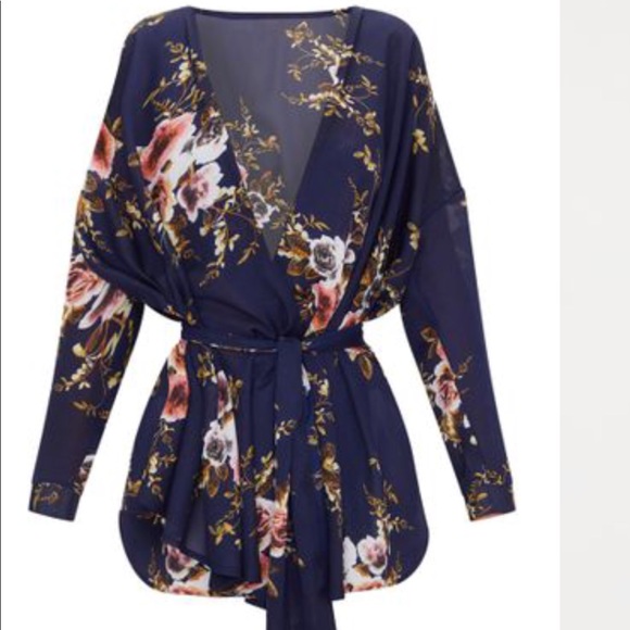 NIB NWT Navy Floral Print Wrap Blouse - Picture 1 of 3